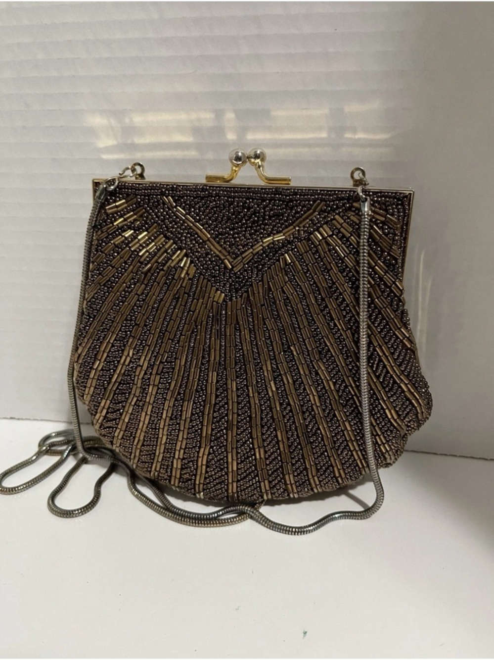 Walborg Brown Gold Beaded Evening Bag Metal Chain Clasp Closure Formal